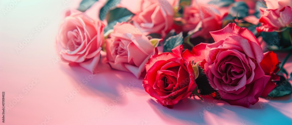 Valentine's Day design concept background with pink and red rose flower on pink table background, Valentines, Spring or Mothers day Valentine's Day design concept background with pink and red rose flower on pink table background, Valentines, Spring or Mothers day