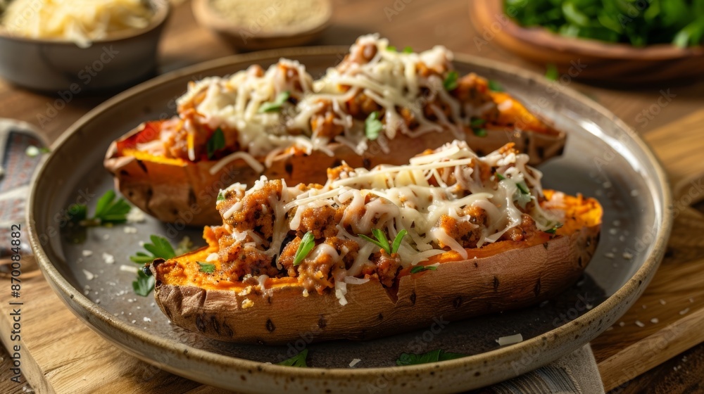 Baked sweet potato topped with buckwheat turkey sausage and a sprinkle of shredded cheese for a protein boost. Baked sweet potato topped with buckwheat turkey sausage and a sprinkle of shredded cheese for a protein boost.