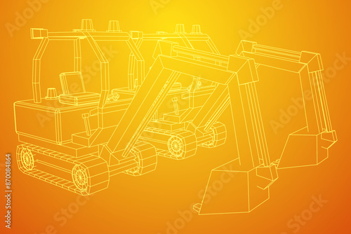 Heavy equipment excavator machine manufacturing power equipment for open pit mining. Wireframe low poly mesh vector illustration