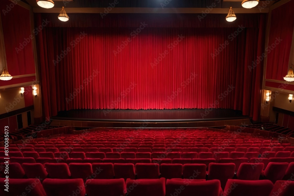 Empty movie theater and stage with the red curtains drawn viewed over rows of seat 