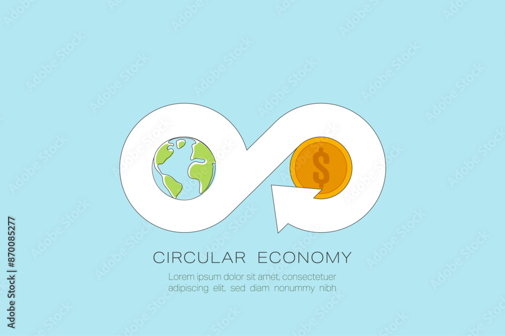 Circular economy concept. Green earth and Dollar sign. Growth business and environment sustainable devellopment. Flat Vector illustration. Circular economy concept. Green earth and Dollar sign. Growth business and environment sustainable devellopment. Flat Vector illustration.