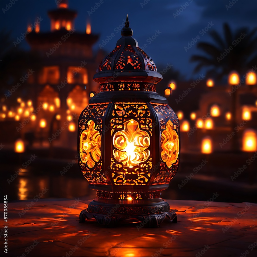 Ornate Ramadan Lantern with intricate designs and glowing light source. Concept for Islamic holidays, Ramadan Kareem, Eid Mubarak, or religious celebration Ornate Ramadan Lantern with intricate designs and glowing light source. Concept for Islamic holidays, Ramadan Kareem, Eid Mubarak, or religious celebration