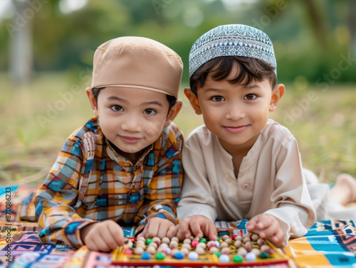 Children Celebrate Eid al-Adha with Traditional Attire and Games, Happy Muslim Kids Enjoying Cultural Fun photo