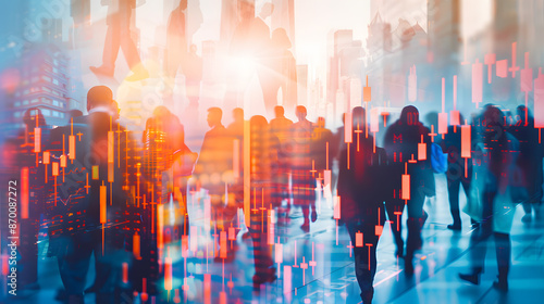 Crowd of businesspeople standing on blurry city wallpaper with forex chart. Trade and finance concept. Double exposure.