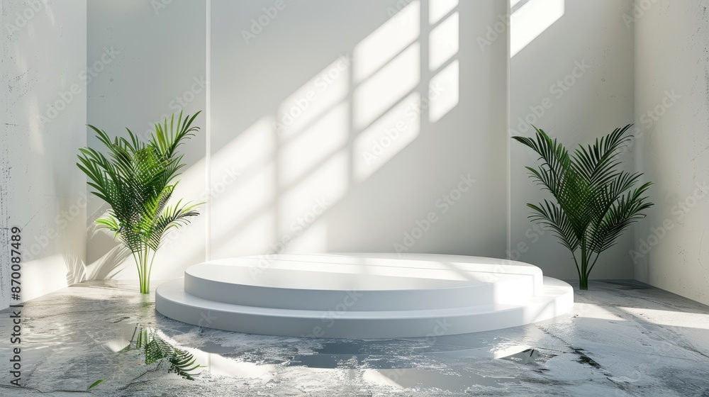 Minimalistic podium with soft daylight, water, and palm leaves, against an empty white wall, illustration background Minimalistic podium with soft daylight, water, and palm leaves, against an empty white wall, illustration background