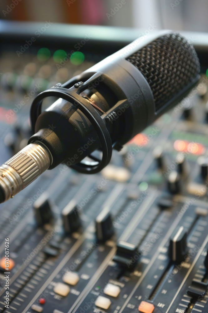 Naklejka premium Radio station DJ: A microphone with mixing console and records around.