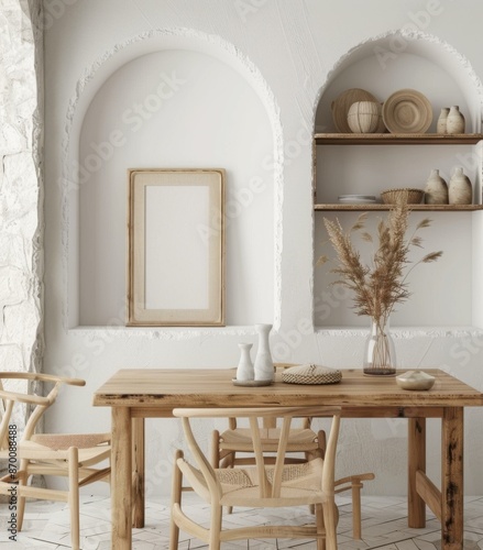 Coastal home interior with a wooden dining table and chairs, a vase of pampas grass, and arched niches in the walls. AI. photo