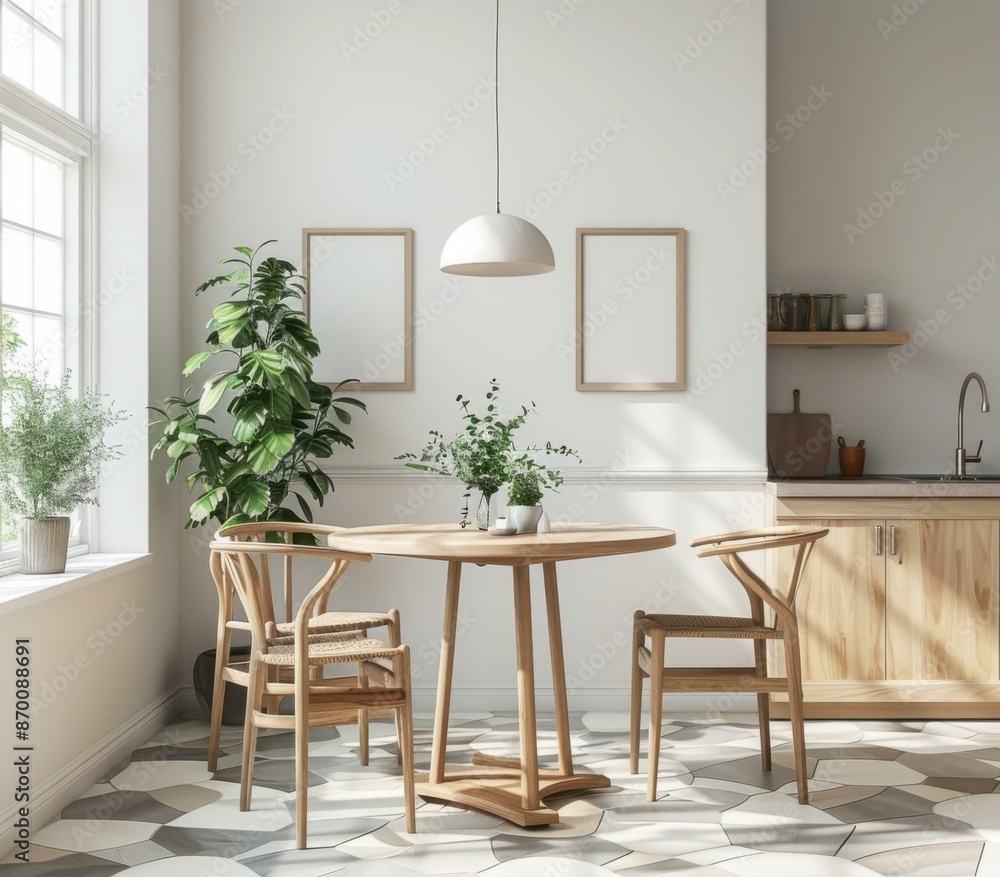 Fototapeta premium Modern kitchen interior with wooden table and chairs, plants, and empty frames. AI.