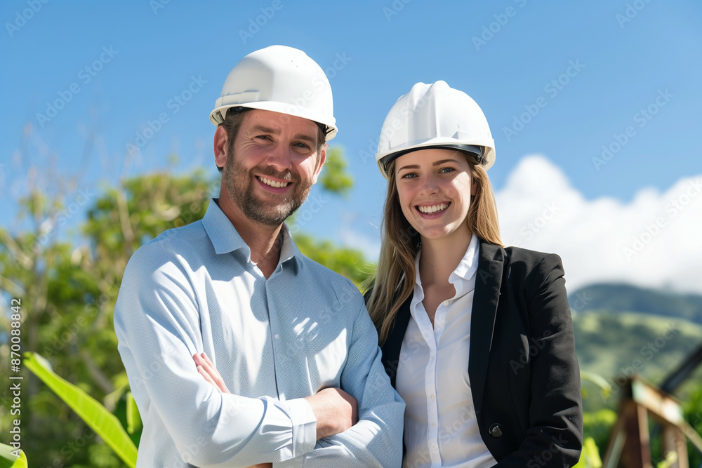 Two Professional Engineers in Hard Hats Smiling Confidently Outdoors with a Beautiful Mountainous Landscape in the Background, Symbolizing Successful Project Management and Team Collaboration Two Professional Engineers in Hard Hats Smiling Confidently Outdoors with a Beautiful Mountainous Landscape in the Background, Symbolizing Successful Project Management and Team Collaboration