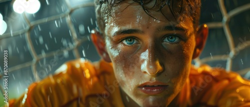 Portrait of a young male soccer player looking at the camera with determination in his eyes. AI.