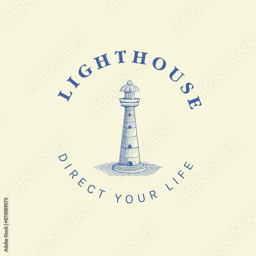 vintage lighthouse logo wit engraving style