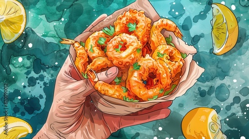 Hand holding a cone of fried calamari, illustration background photo