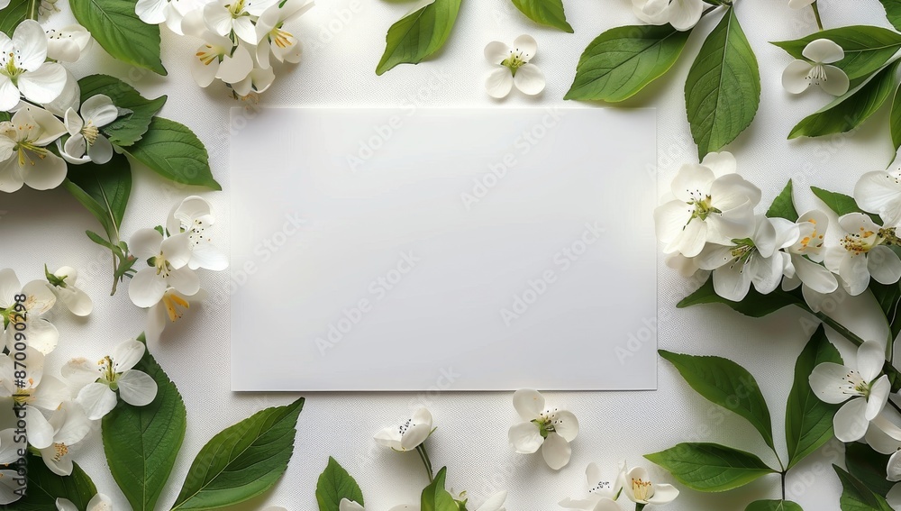 Fototapeta premium White Flowers and Green Leaves Surrounding a Blank Card
