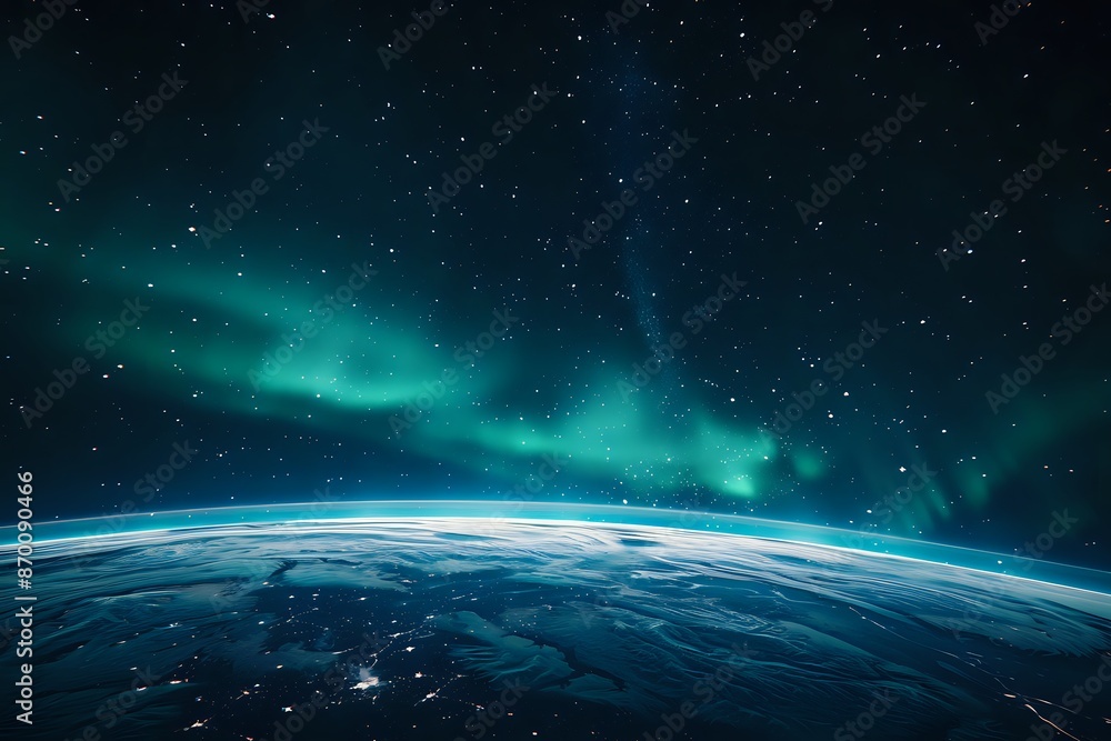 Obraz premium Breathtaking view of Earth's aurora borealis from space. showcasing vibrant green hues, star clusters, and the planet's curvature