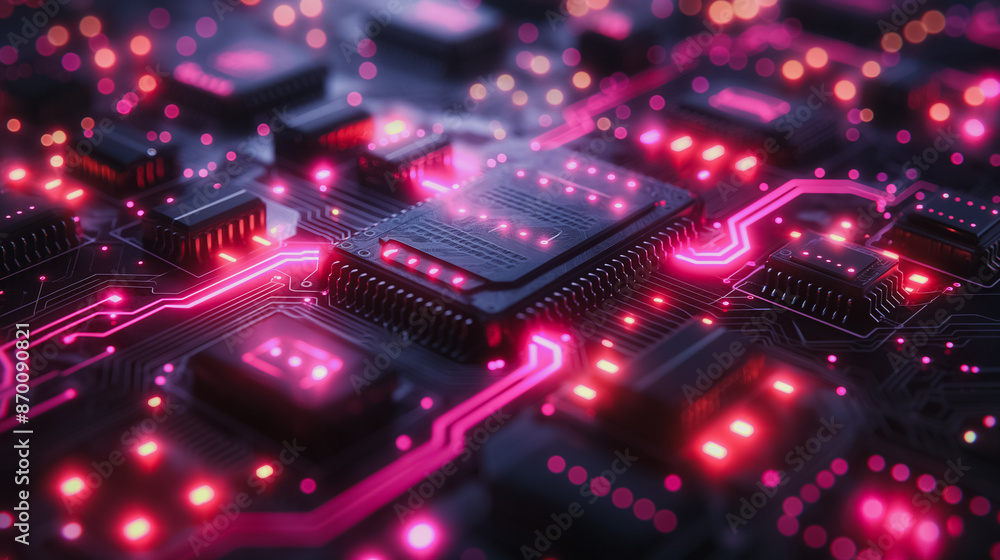 Fototapeta premium Intricate electronic circuit board design with neon accents, abstract high-tech background, digital illustration