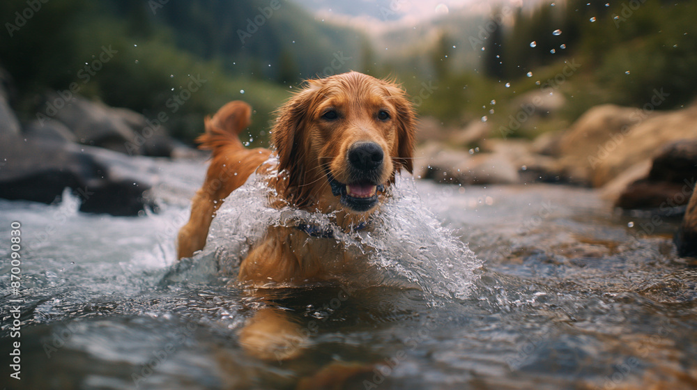 Closeup Photo of Playful Golden Retriever Splashing in Mountain Stream Closeup Photo of Playful Golden Retriever Splashing in Mountain Stream