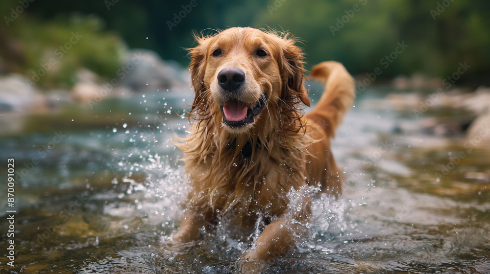 Closeup Photo of Playful Golden Retriever Splashing in Mountain Stream Closeup Photo of Playful Golden Retriever Splashing in Mountain Stream