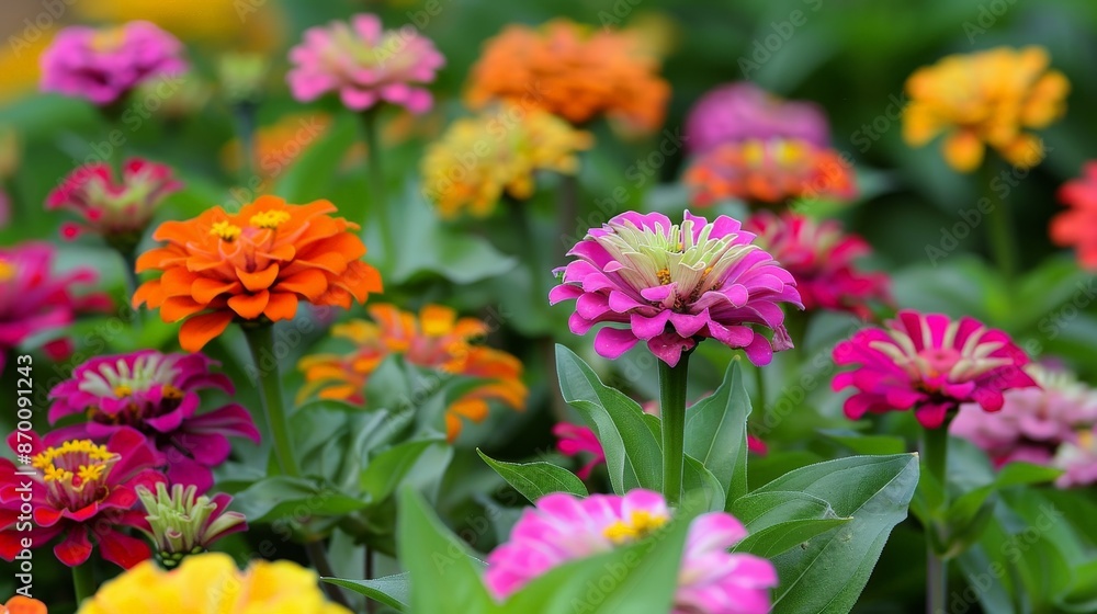 A bed of zinnias blooms in a riot of colors, their sturdy stems and long-lasting flowers making them a garden favorite. A bed of zinnias blooms in a riot of colors, their sturdy stems and long-lasting flowers making them a garden favorite.