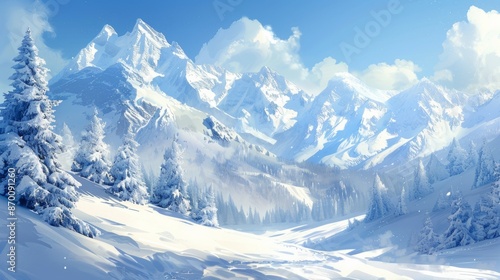 Winter Background with Everlasting Snow Covered Mountains 