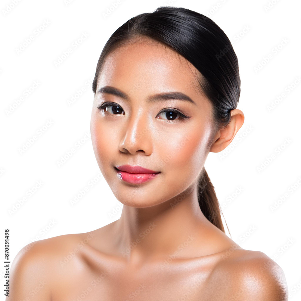 Fototapeta premium Portrait of a young Asian woman with K-beauty makeup, flawless skin, isolated on a white or transparent background in PNG format for skincare product advertising.