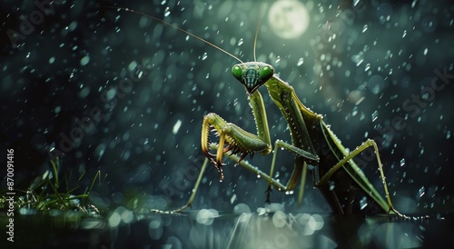 Praying Mantis in the Rain on a Dark Night