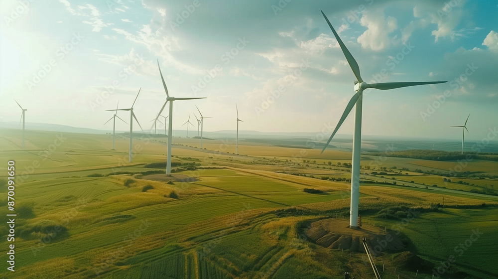 Obraz premium Spinning wind towers generating energy in fields. Drone view of wind turbines. Spinning wind towers generating alternative energy in fields. Industrial windmills producing huge amount of green energy