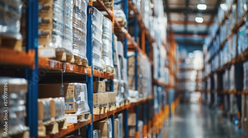 A close-up view of a contemporary warehouse aisle lined with meticulously labeled pallets and crates, demonstrating the meticulousness and scale of inventory management, photography style © Kinto