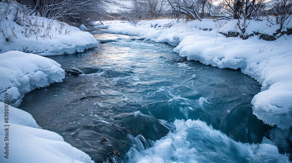Winter Background with River Flowing Under Melting Ice Winter Background with River Flowing Under Melting Ice