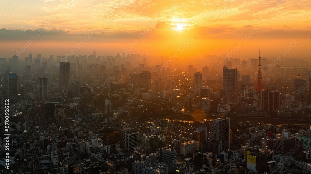 Fototapeta premium A cityscape bathed in the soft glow of sunrise looks almost magical, the buildings and streets coming to life with the new day.