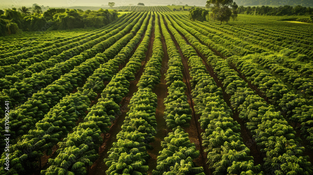 A beautiful aerial view of a vast coffee plantation with rows of coffee trees stretching into the distance A beautiful aerial view of a vast coffee plantation with rows of coffee trees stretching into the distance