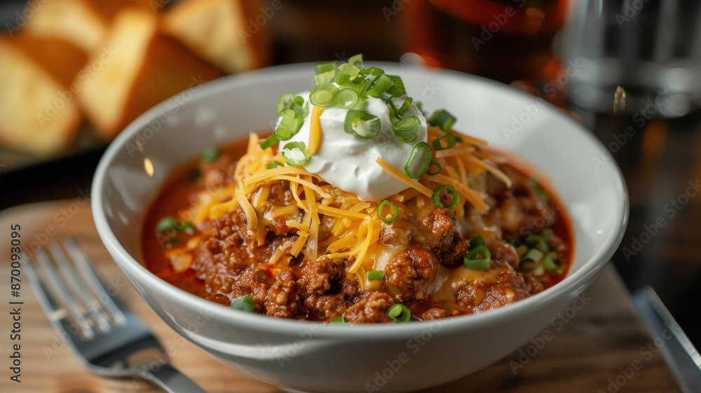 A bowl of hearty meat chili topped with cheese, sour cream, and green onions, served with cornbread A bowl of hearty meat chili topped with cheese, sour cream, and green onions, served with cornbread