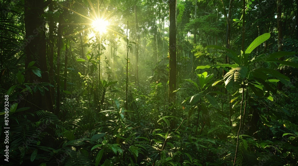 Fototapeta premium A dense forest canopy filters the sunlight, casting dappled shadows on the forest floor and creating a serene atmosphere.
