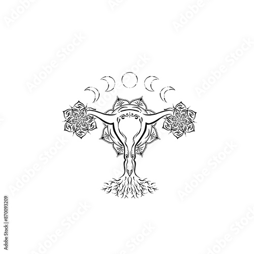 Ilustración lineal de Utero con ovarios de mandala y fases lunares. arbol de la vida