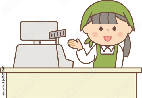 案内をするスーパーのレジの女性