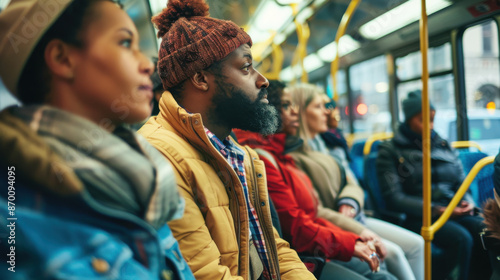 A diverse group of passengers sitting on a bus, showcasing the variety of people who use public transportation © Chatchanan