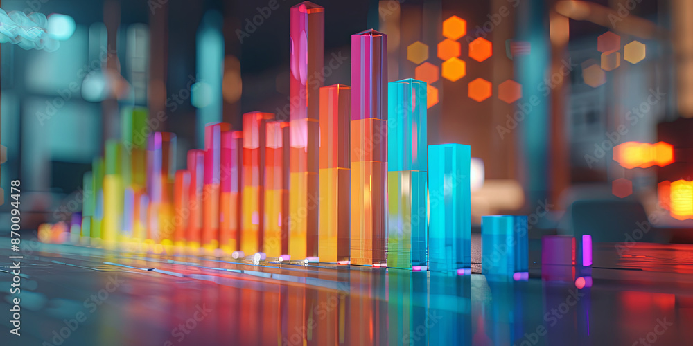 colorful bar graph rising up on a blurred background, generative AI colorful bar graph rising up on a blurred background, generative AI