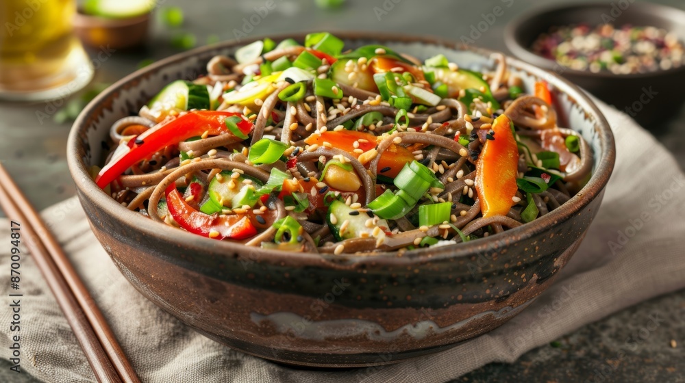A symphony of flavors in every bite as the nutty soba noodles mingle with the tangy sauce and fresh vegetables. A symphony of flavors in every bite as the nutty soba noodles mingle with the tangy sauce and fresh vegetables.