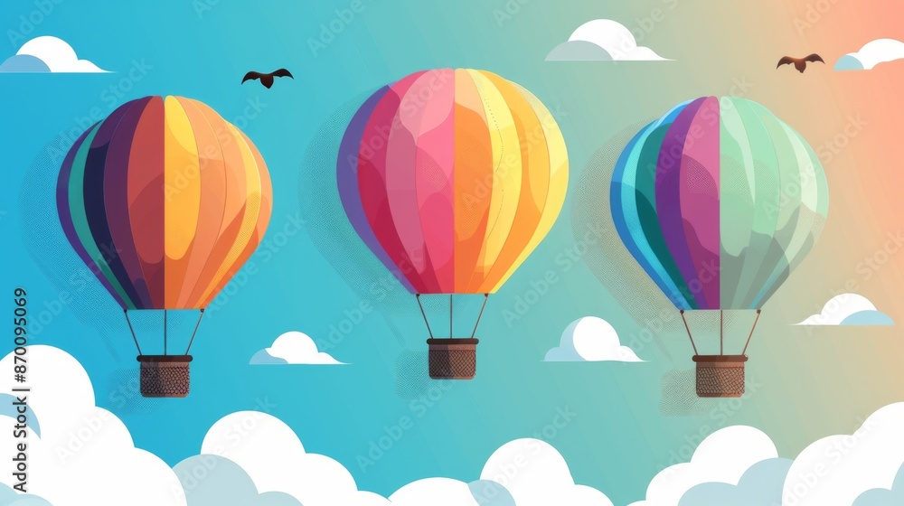 Colorful hot air balloons floating in a blue sky with scattered clouds and birds, creating a whimsical and cheerful scene. Colorful hot air balloons floating in a blue sky with scattered clouds and birds, creating a whimsical and cheerful scene.