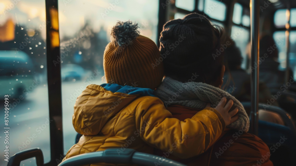 A parent and child sitting together on a bus, the child looking curiously out the window at passing scenery A parent and child sitting together on a bus, the child looking curiously out the window at passing scenery