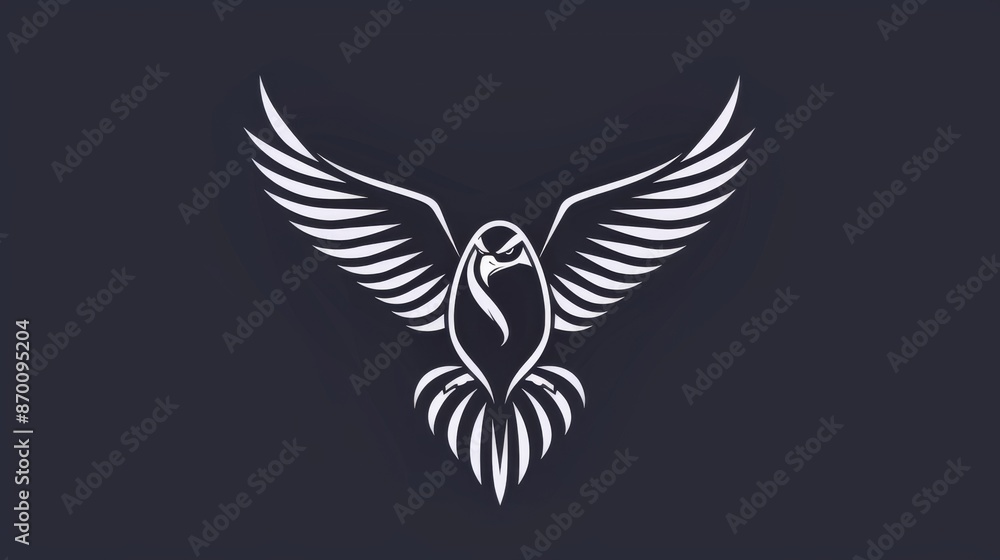 Obraz premium Elegant monochrome vector illustration of an eagle with outstretched wings, symbolizing strength and freedom, set against a dark background.
