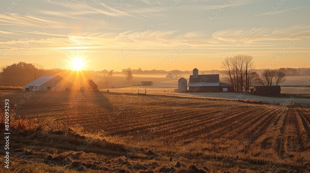 Fototapeta premium A rural farm bathed in the first light of day, with the golden sun highlighting fields and barns, evokes a sense of tranquility.