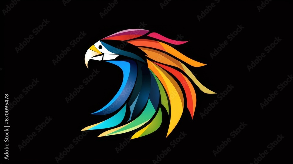 Obraz premium Vibrant digital illustration of a parrot with rainbow feathers on a black background, perfect for modern and colorful design projects.