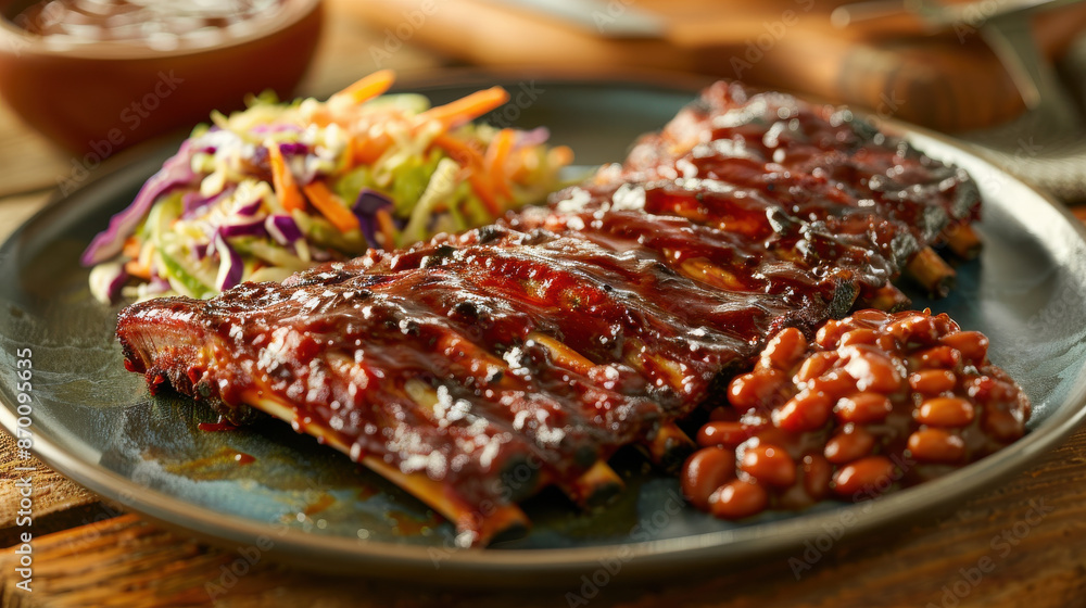 A plate of tender barbecue ribs, glazed with a smoky sauce and served with coleslaw and baked beans A plate of tender barbecue ribs, glazed with a smoky sauce and served with coleslaw and baked beans