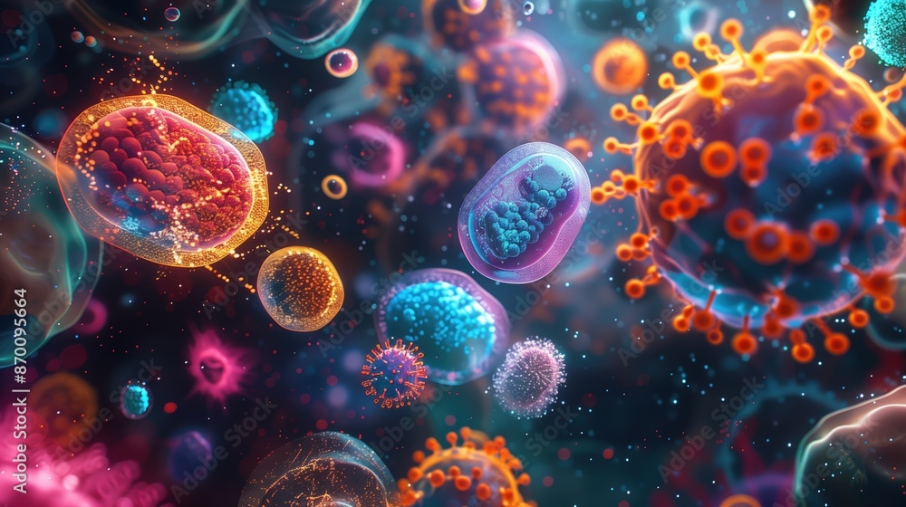 Microscopic view of diverse viruses and cells Microscopic view of diverse viruses and cells