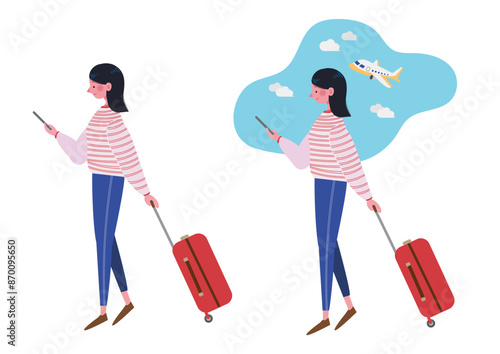 空港で飛行機を背景にスマートフォンを見ながらスーツケースを引く女性　全身　フラット　イラスト