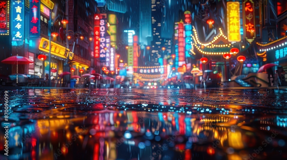Obraz premium Empty Chinatown street illuminated by neon signs, rainy night with glistening reflections, cyberpunk aesthetic, hyper-detailed, illustration background