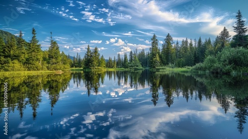 A serene lake mirrors the surrounding trees and sky, its still waters creating a perfect reflection of nature's tranquility.