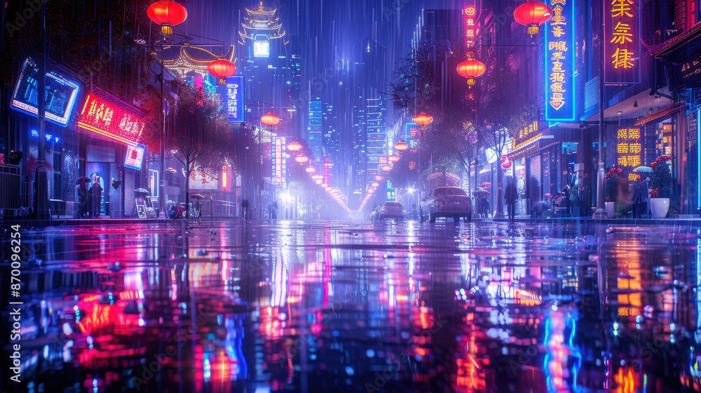 Empty Chinatown street illuminated by neon signs, rainy night with glistening reflections, cyberpunk aesthetic, hyper-detailed, illustration background Empty Chinatown street illuminated by neon signs, rainy night with glistening reflections, cyberpunk aesthetic, hyper-detailed, illustration background