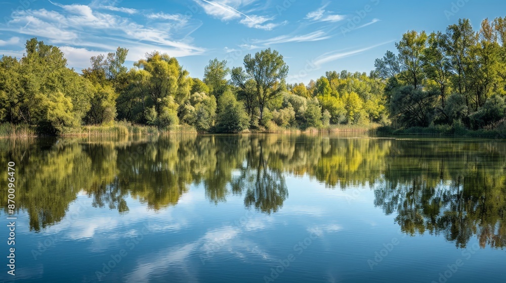 A serene lake mirrors the surrounding trees and sky, its still waters creating a perfect reflection of nature's tranquility. A serene lake mirrors the surrounding trees and sky, its still waters creating a perfect reflection of nature's tranquility.