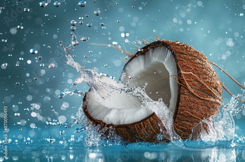 Cracked Coconut Splashing Into Blue Water